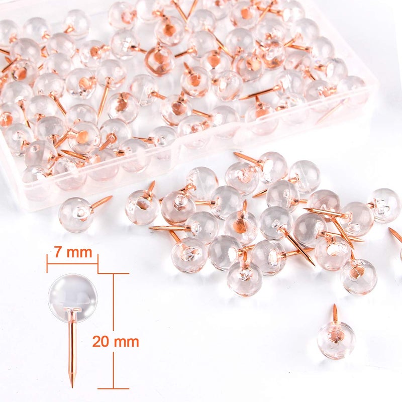 Yalis Push Pins 1/3 Inch Rose Gold Map Tacks 100-Count Large Size Pins Rose Gold Steel Point and Transparent Plastic Round Head (Rose Gold) - Image 2